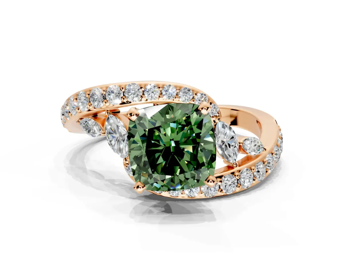 Solitaire Engagement Ring Setting for Fancy Green Cushion Cut Center with Pave Bypass Twist Band and Prong Head in Rose Gold