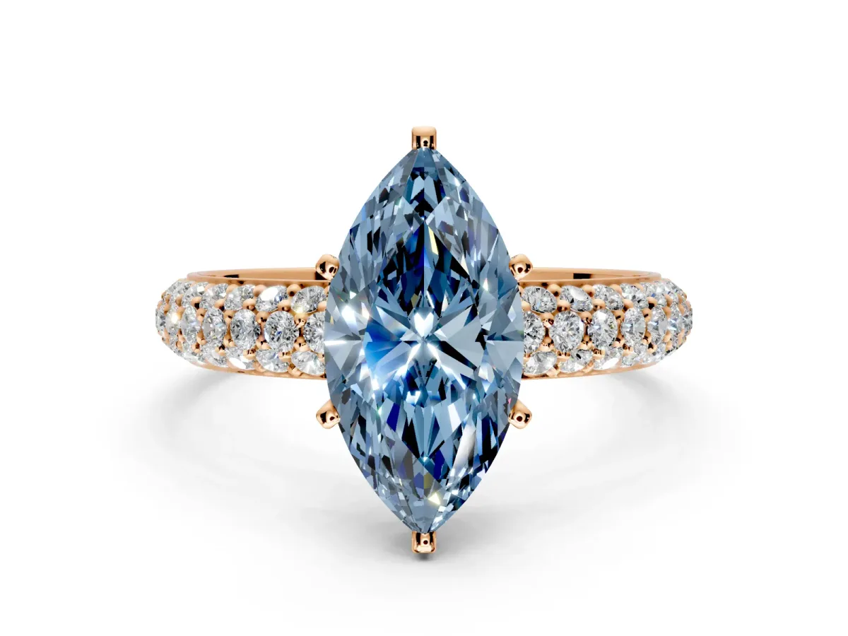 Solitaire Engagement Ring Setting for Fancy Blue Marquise Center with Domed Multi-Row Pave Band and Prong Head in Rose Gold