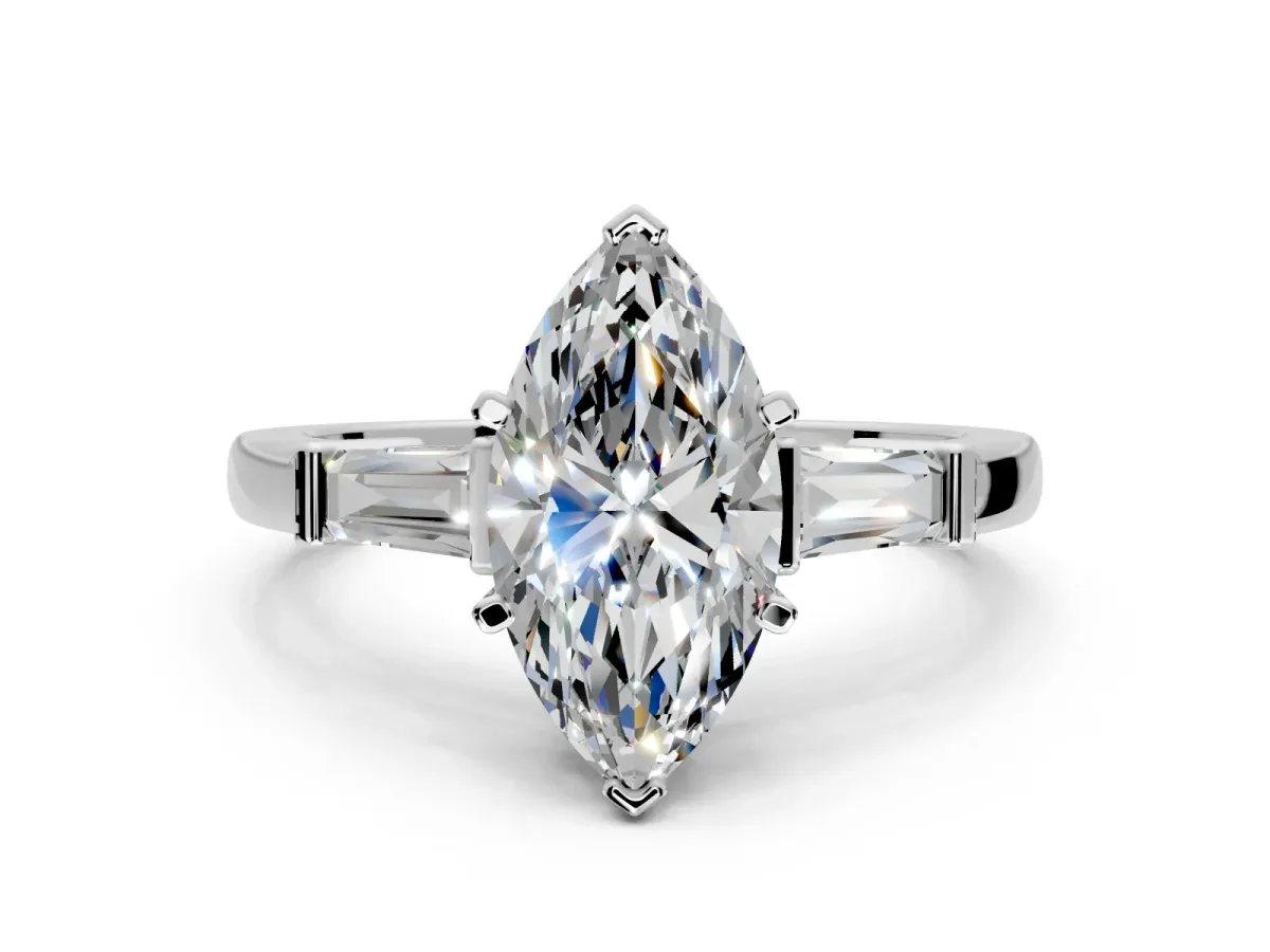 3 Stone Engagement Ring Setting for Marquise Center with Channel Baguette Accents and Prong Head in Platinum