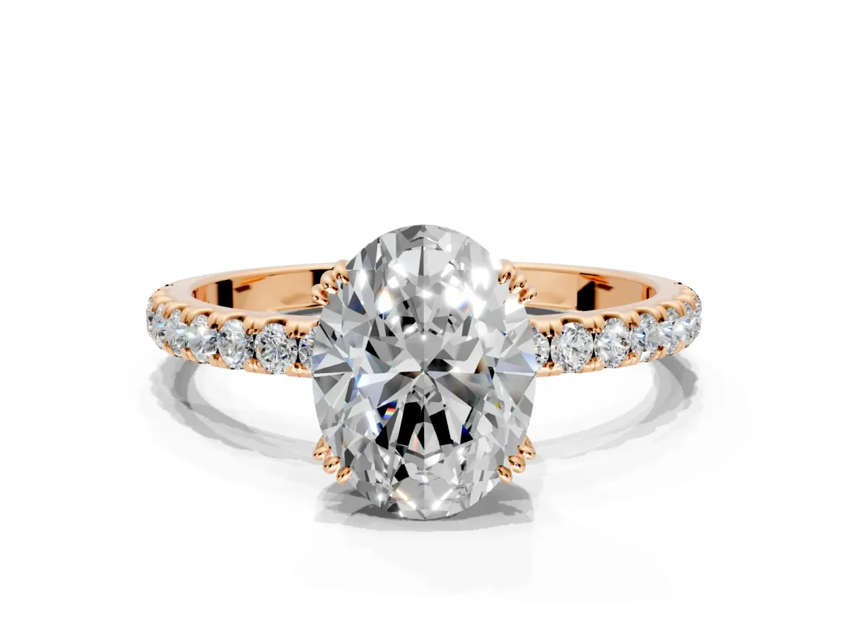 Solitaire Engagement Ring Setting for Oval Center with Pave Band and Claw Prong Head in Rose Gold