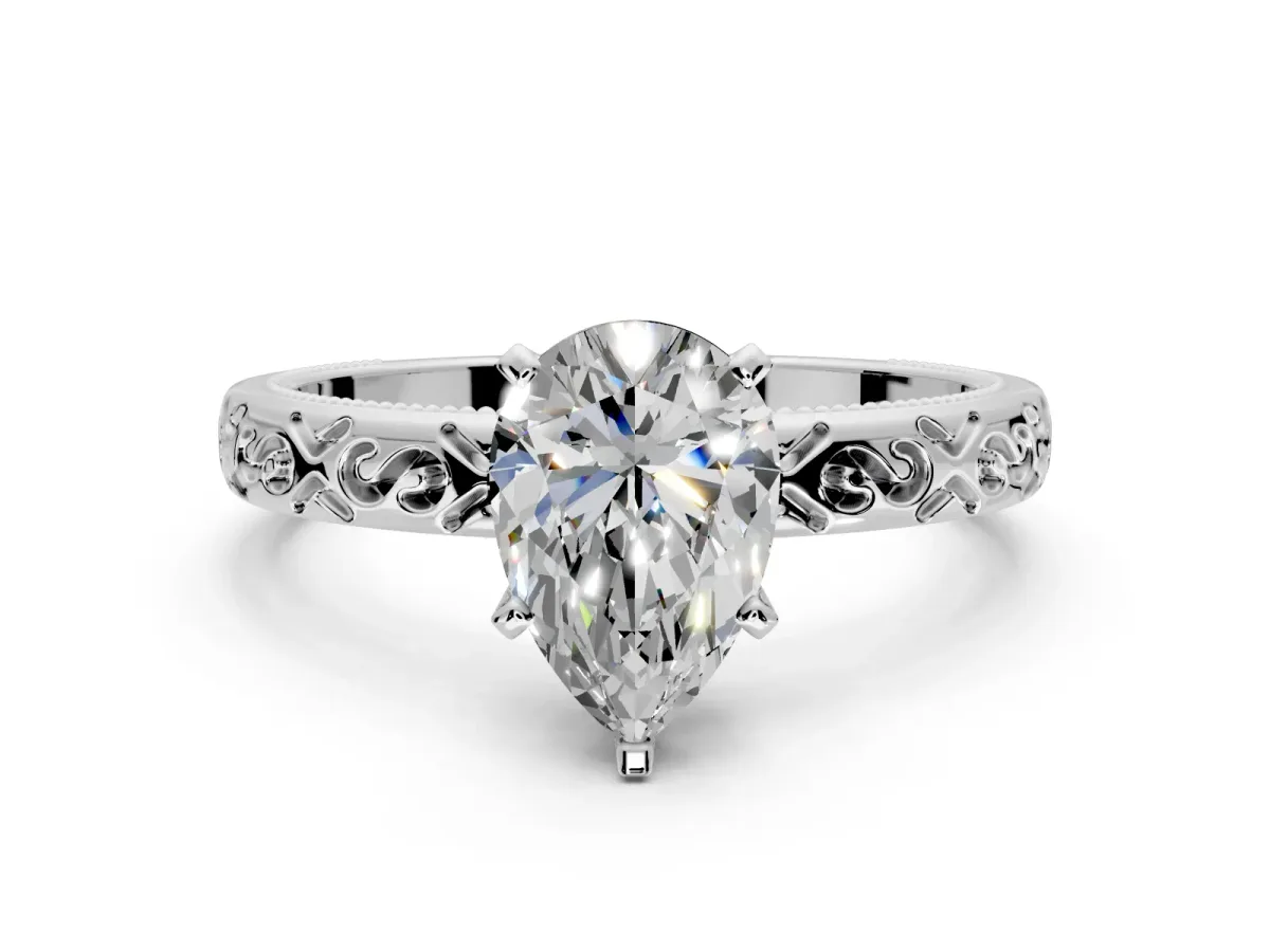 Solitaire Engagement Ring Setting for Pear-Shaped Center with Scrollwork Band and Prong Head in Platinum