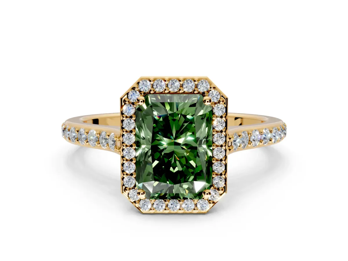 Halo Engagement Ring Setting for Fancy Green Radiant Cut Center with Pave Accents, Heart Basket and Prong Head in Yellow Gold
