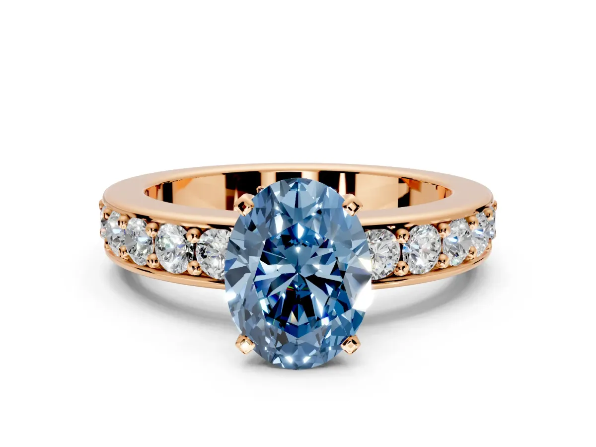 Solitaire Engagement Ring Setting for Fancy Blue Oval Center with Channel-Set Accents and Prong Head in Rose Gold