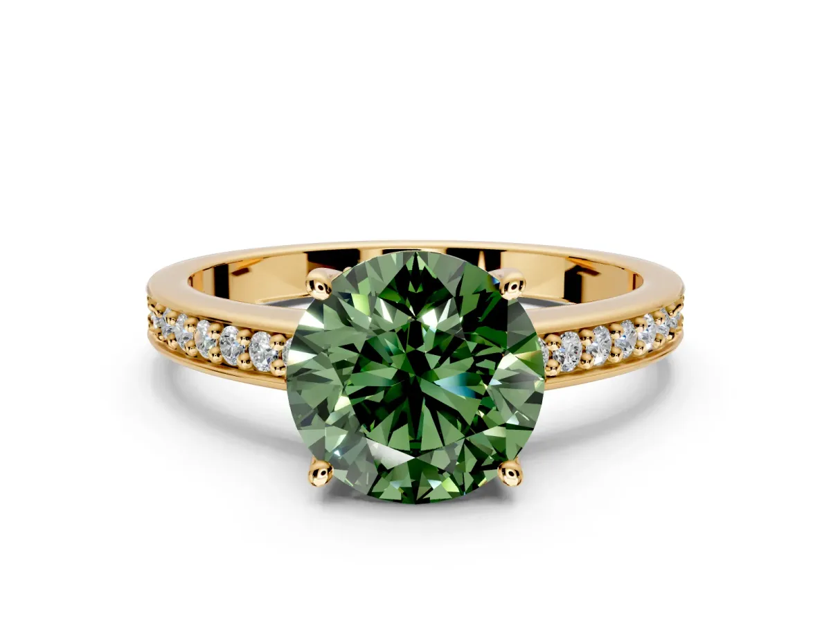 Solitaire Engagement Ring Setting for Fancy Green Round Cut Center with Channel-Set Accent Band and Prong Head in Yellow Gold