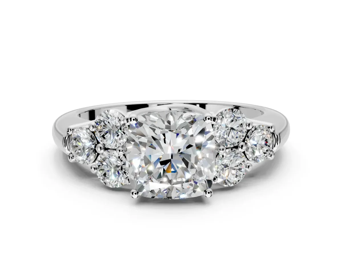 Cluster Engagement Ring Setting for Cushion Cut Center with Round Cut Accent Frame and Prong Head in Platinum