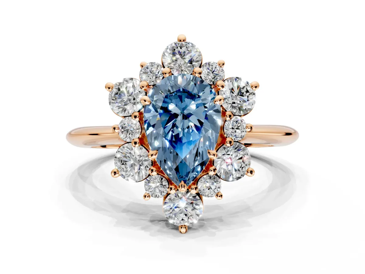 Small-Accent Cluster Halo Engagement Ring Setting for Fancy Blue Pear-Shaped Center with Plain Band and Prong Head in Rose Gold