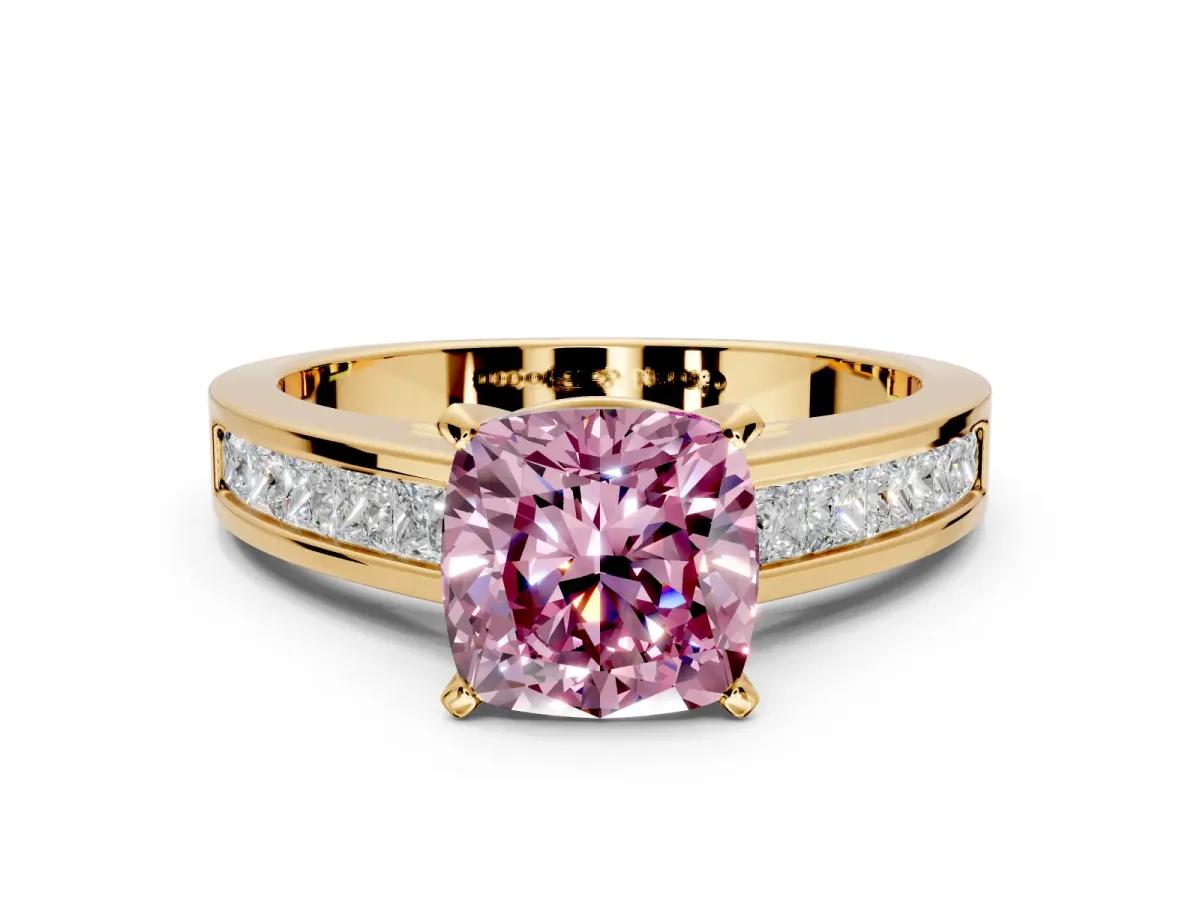 Solitaire Engagement Ring Setting for Fancy Pink Cushion Cut Center with Princess Cut Channel Band and Prong Head in Yellow Gold