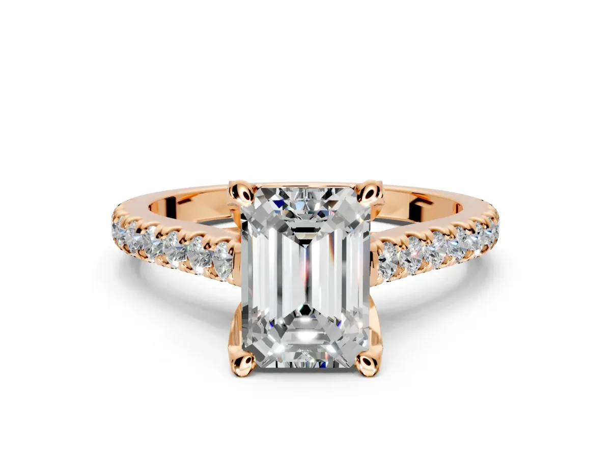 Solitaire Engagement Ring Setting for Emerald Cut Center with Widening Pave Band and Claw Prong Head in Rose Gold