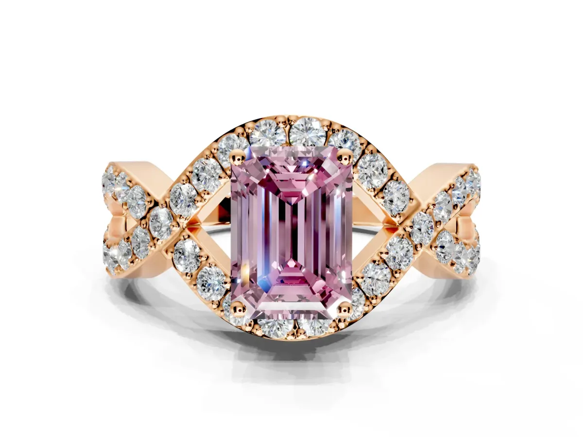 Halo Engagement Ring Setting for Fancy Pink Emerald Cut Center with Pave Infinity Twist Band and Prong Head in Rose Gold