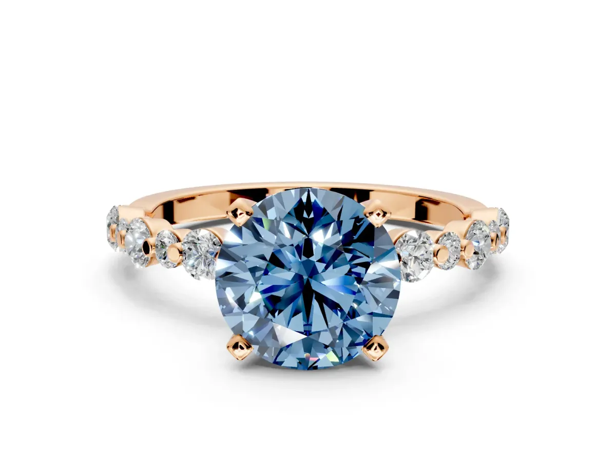 Solitaire Engagement Ring Setting for Fancy Blue Round Cut Center with Alternating Size Accents and Prong Head in Rose Gold