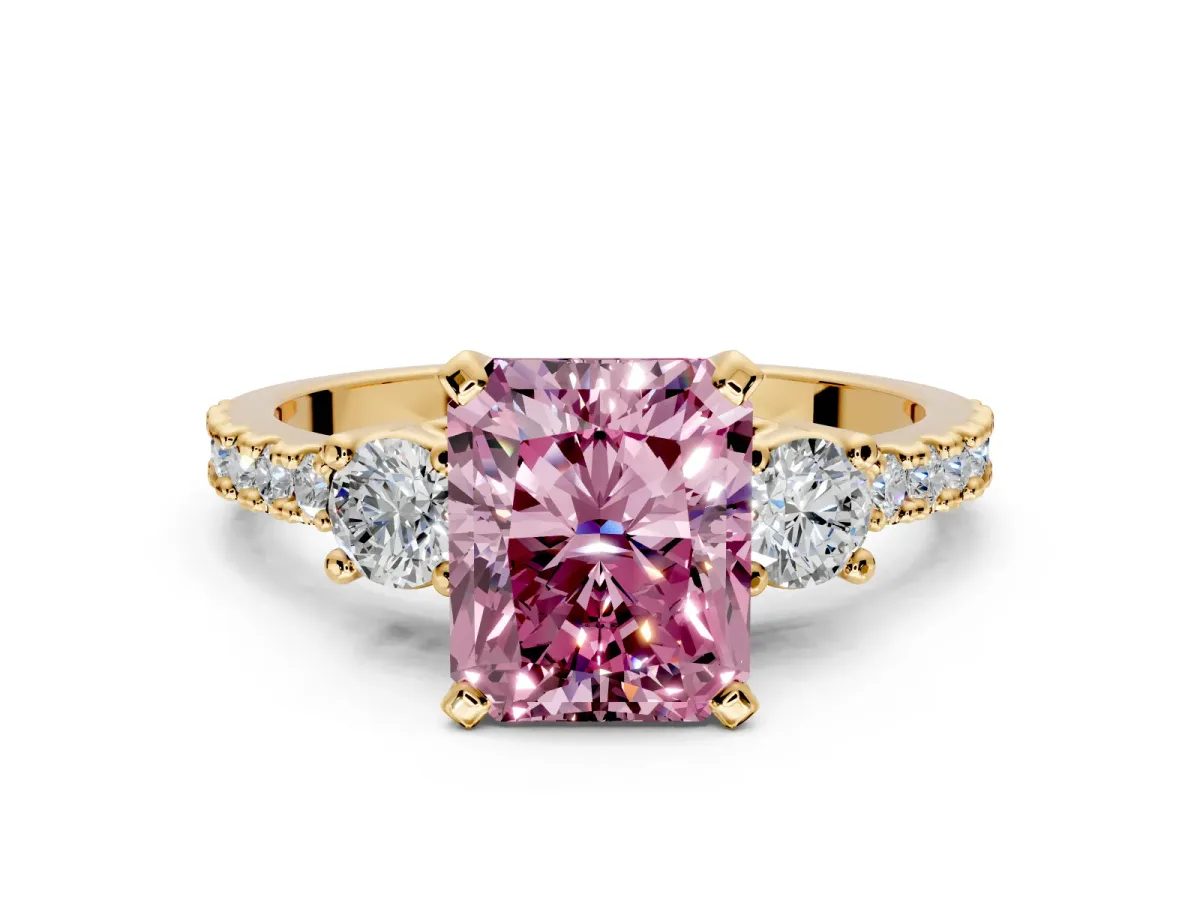 3 Stone Engagement Ring Setting for Fancy Pink Radiant Cut Center with Round Cut Side Accents and Prong Head in Yellow Gold