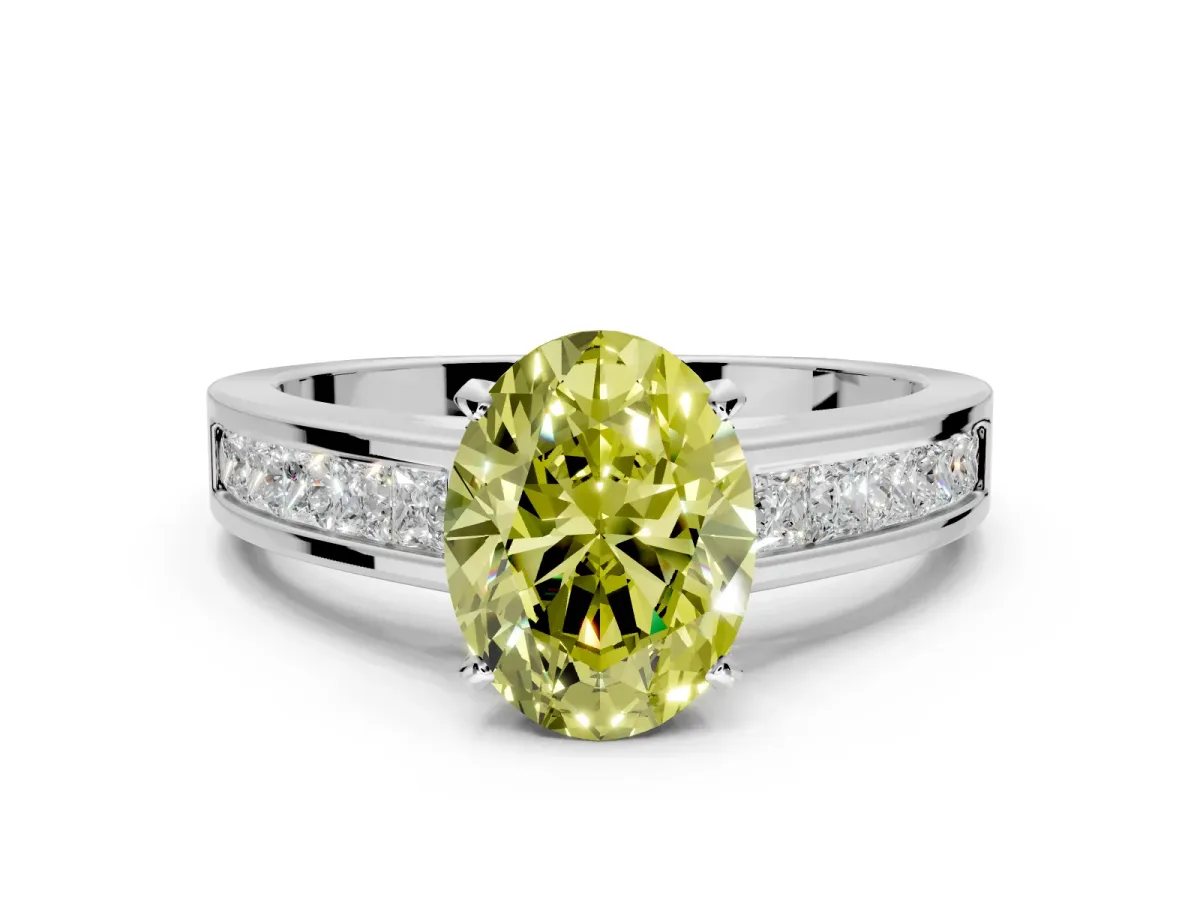 Solitaire Engagement Ring Setting for Fancy Yellow Oval Center with Princess Cut Channel Band and Prong Head in White Gold