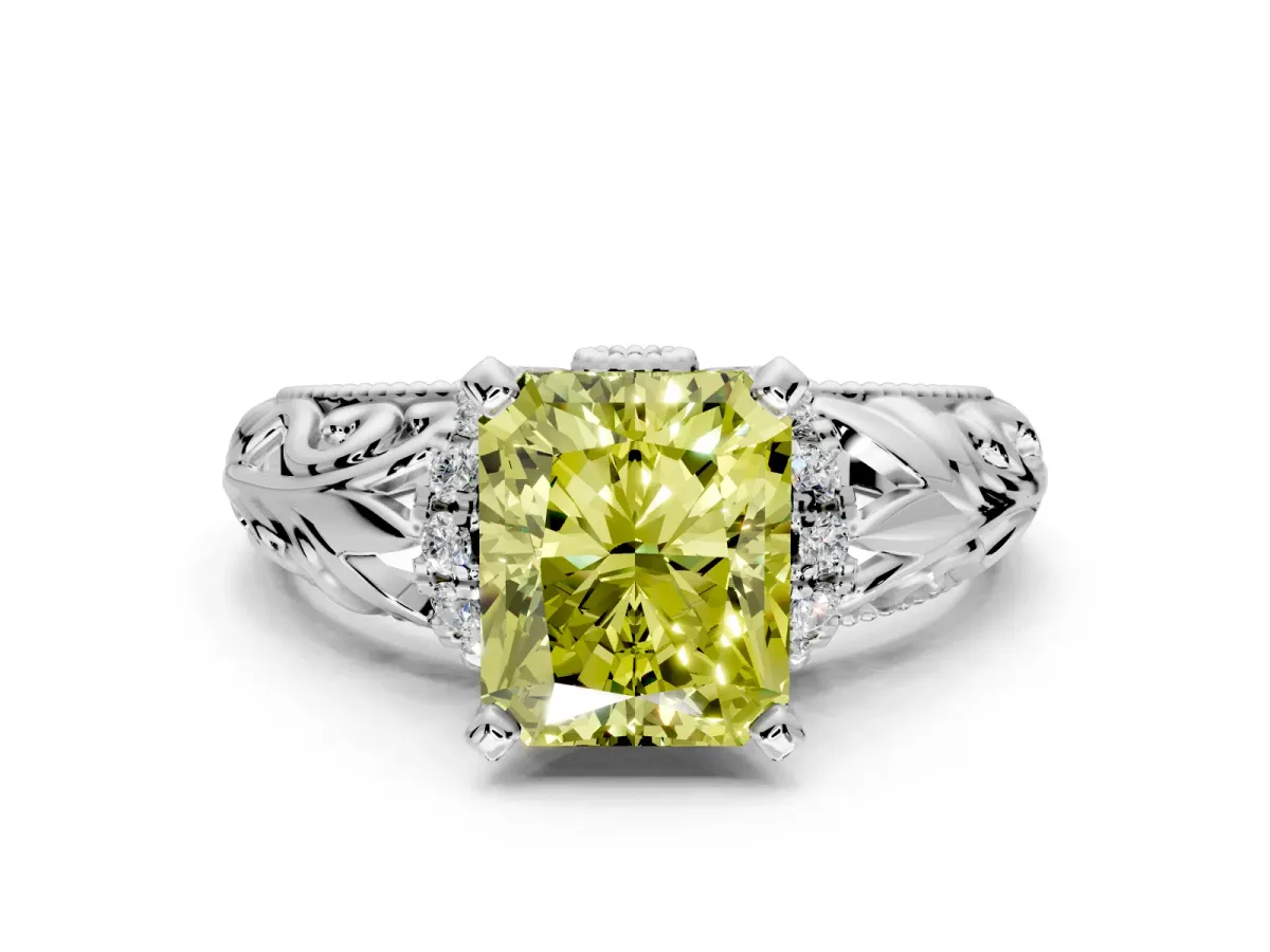 Solitaire Engagement Ring Setting for Fancy Yellow Radiant Cut Center with Filigree Accent Basket and Prong Head in Platinum