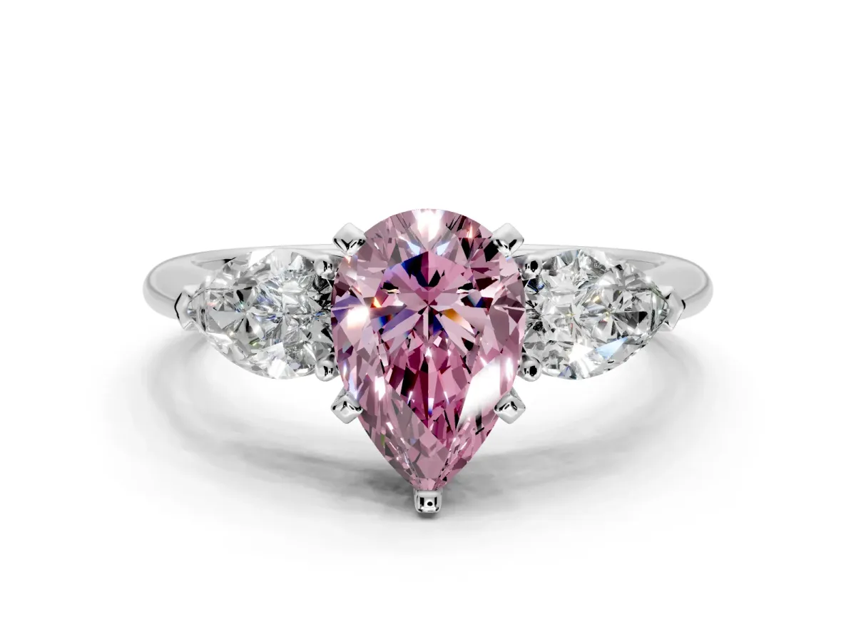 3 Stone Engagement Ring Setting for Fancy Pink Pear-Shaped Center with Large Pear-Shaped Accents and Prong Head in Sterling Silver