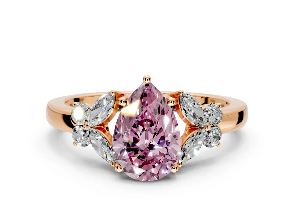 Solitaire Engagement Ring Setting for Fancy Pink Pear-Shaped Center with Marquise Flower Shoulders and Prong Head in Rose Gold