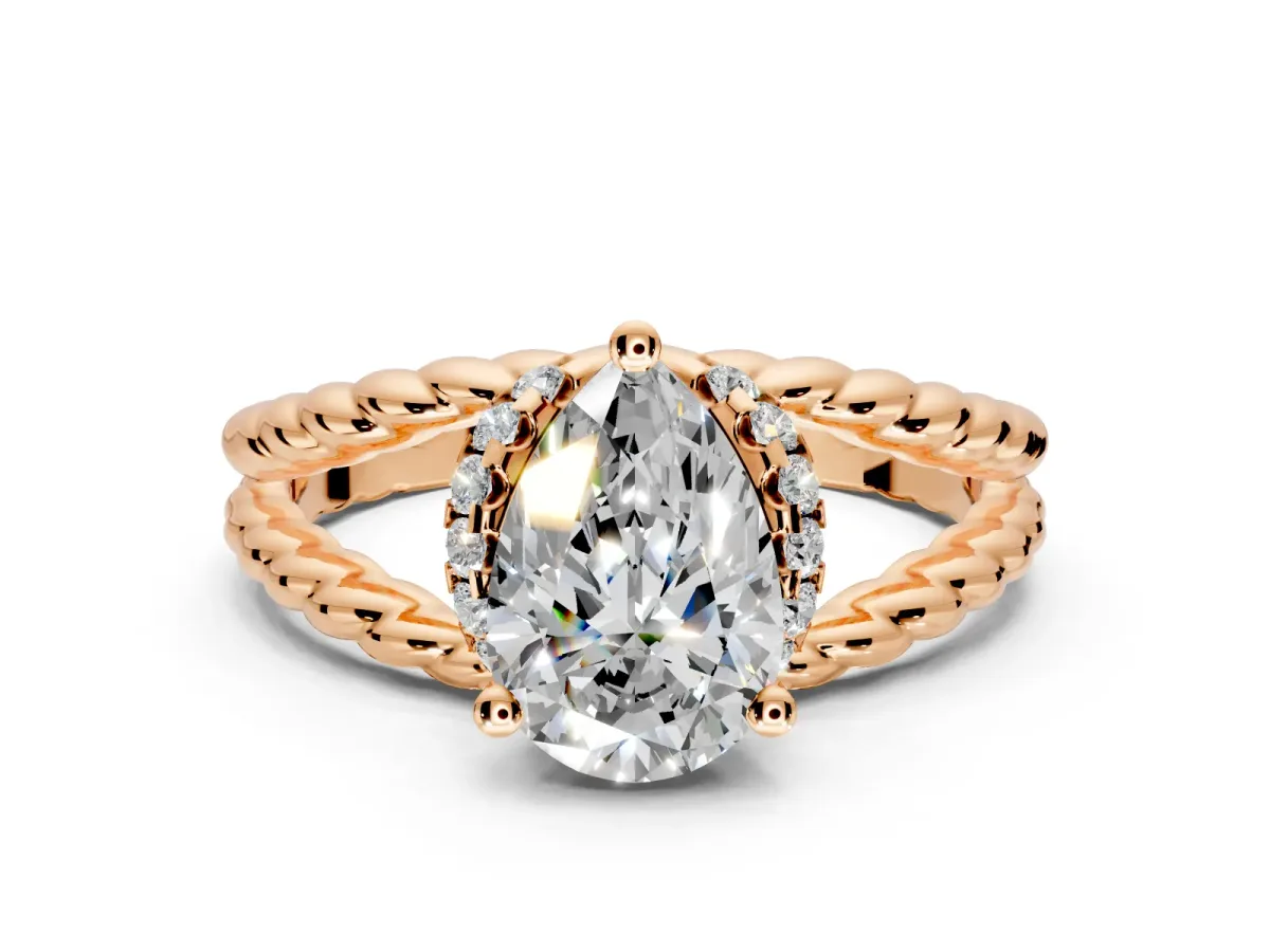 Halo Engagement Ring Setting for Pear-Shaped Center with Rope Twist Split Shank and Prong Head in Rose Gold