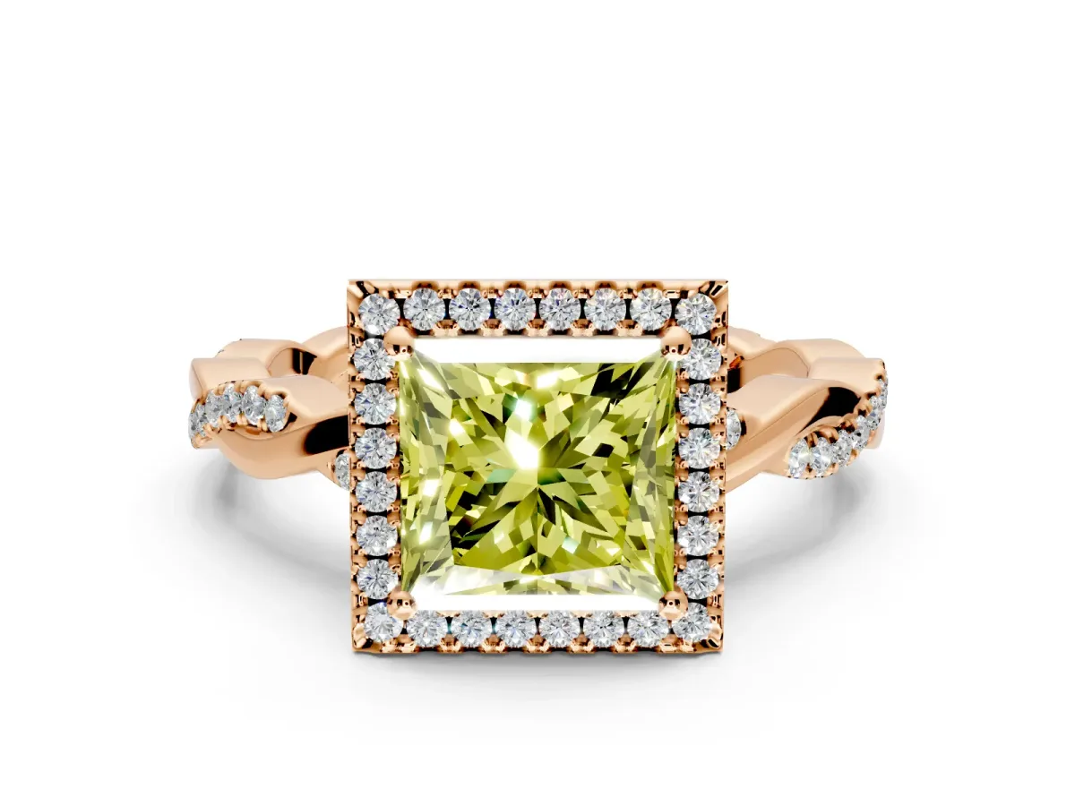 Halo Engagement Ring Setting for Fancy Yellow Princess Cut Center with Pave and Plain Twist Band and Prong Head in Rose Gold