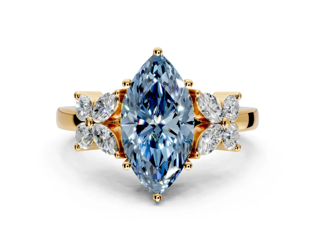 Floral Engagement Ring Setting for Fancy Blue Marquise Center with Marquise Cluster Shoulders and Prong Head in Yellow Gold