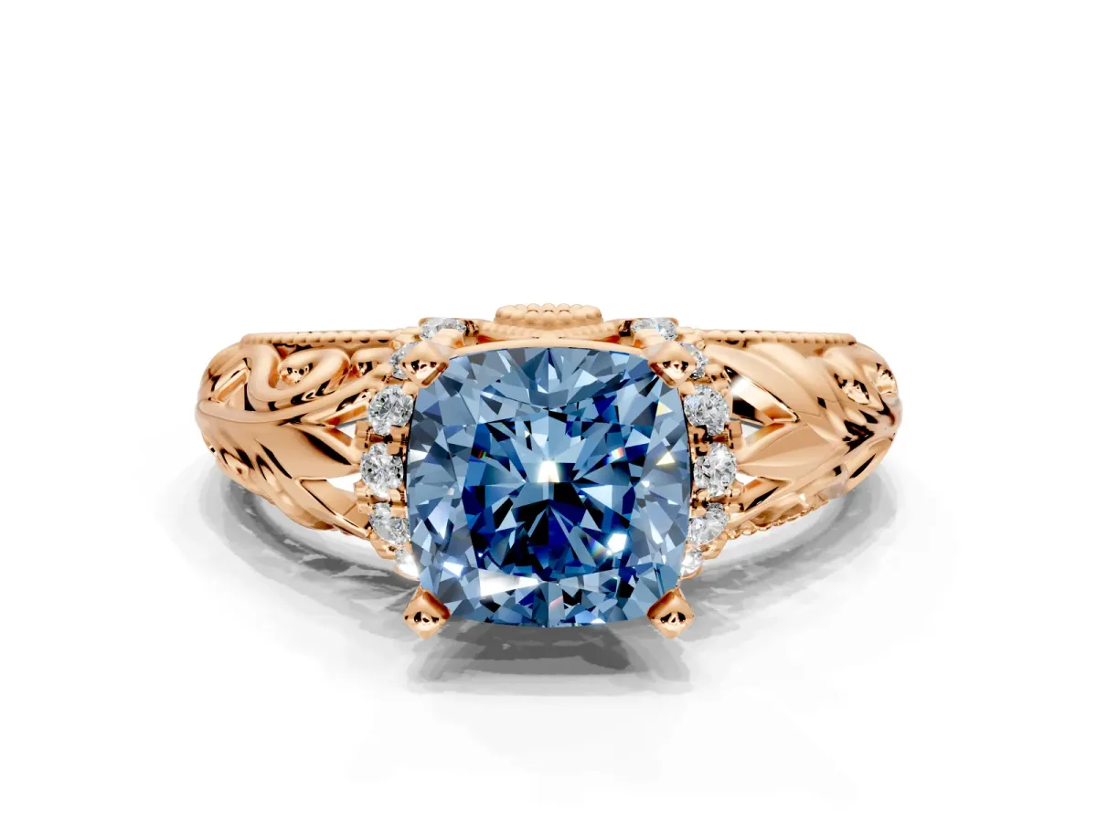 Solitaire Engagement Ring Setting for Fancy Blue Cushion Cut Center with Filigree Accent Basket and Prong Head in Rose Gold