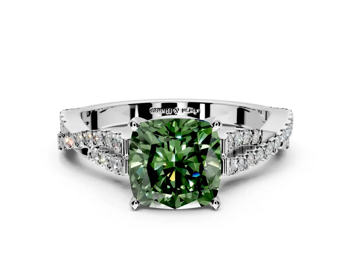 Solitaire Engagement Ring Setting for Fancy Green Cushion Cut Center with Twisted Pave Split Shank and Prong Head in Platinum