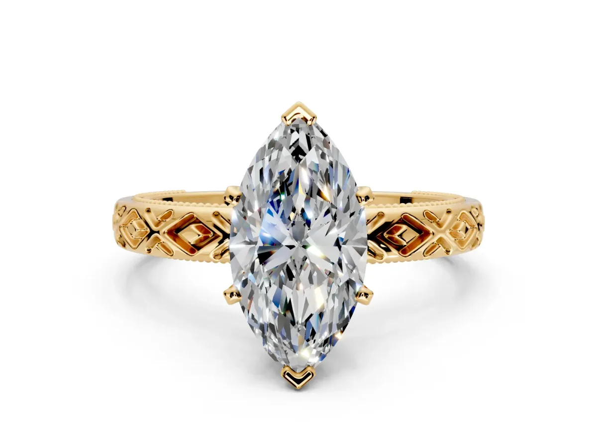 Solitaire Engagement Ring Setting for Marquise Center with Milgrain X Pattern Band and Prong Head in Yellow Gold