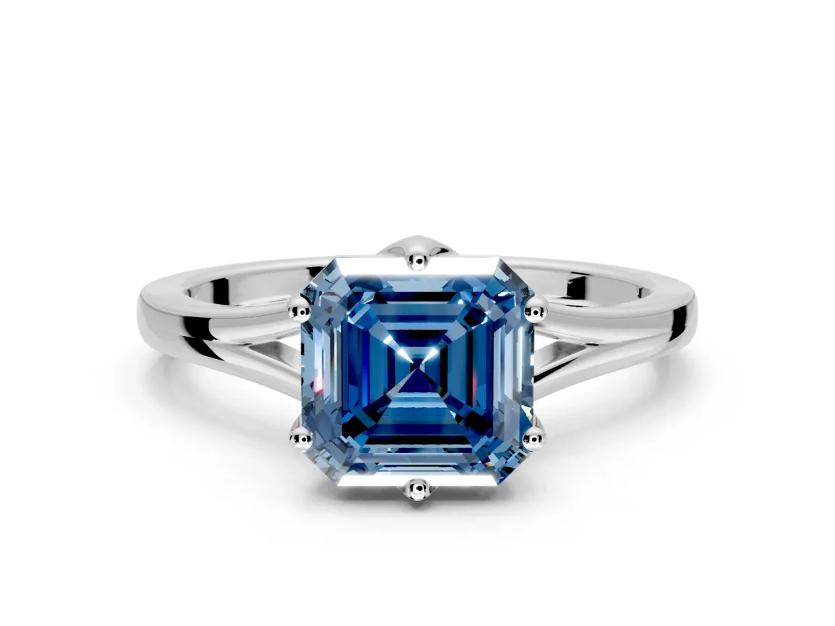 Solitaire Engagement Ring Setting for Fancy Blue Asscher Cut Center with Plain Split Shank and Prong Head in Sterling Silver
