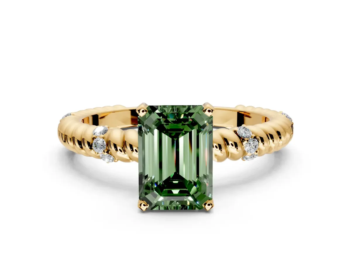 Rope Engagement Ring Setting for Fancy Green Emerald Cut Center with Accent Shoulders and Prong Head in Yellow Gold