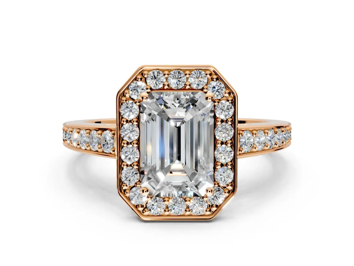 Bezel-Framed Halo Engagement Ring Setting for Emerald Cut Center with Pave Band and Prong Head in Rose Gold