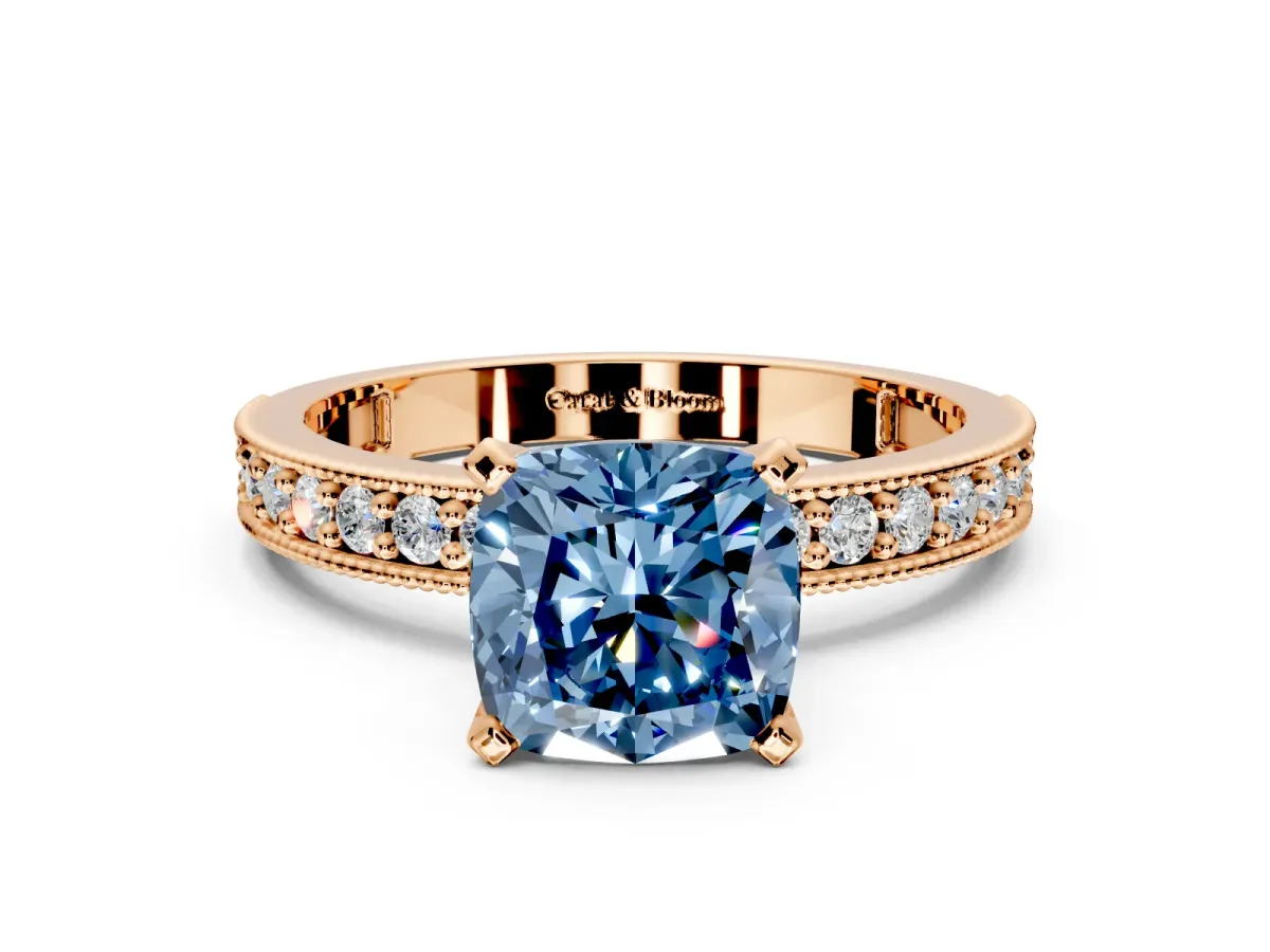 Milgrain Pave Engagement Ring Setting for Fancy Blue Cushion Cut Center with Accent Band and Prong Head in Rose Gold