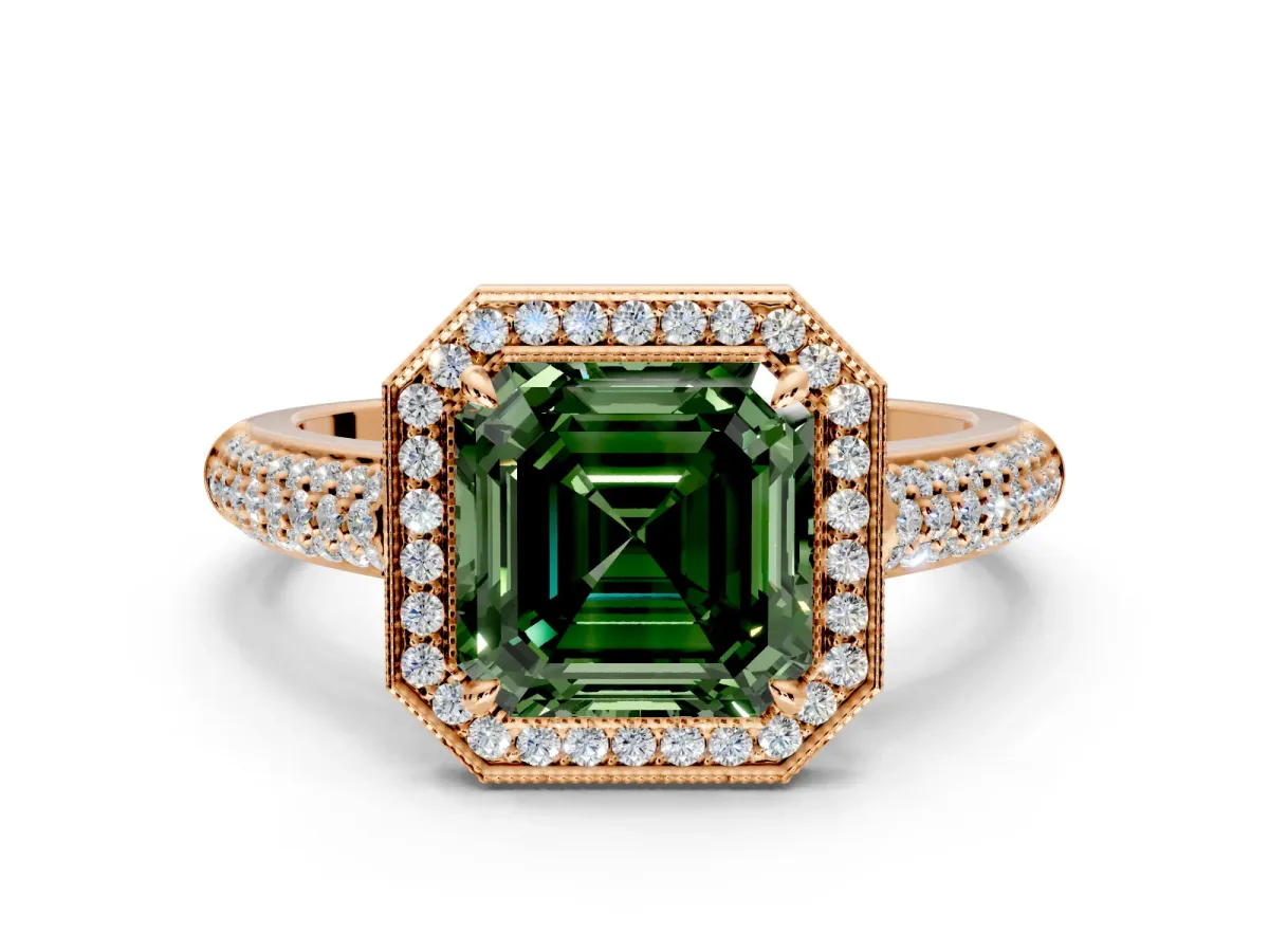 Milgrain Halo Engagement Ring Setting for Fancy Green Asscher Cut Center with Three-Sided Pave Band and Prong Head in Rose Gold