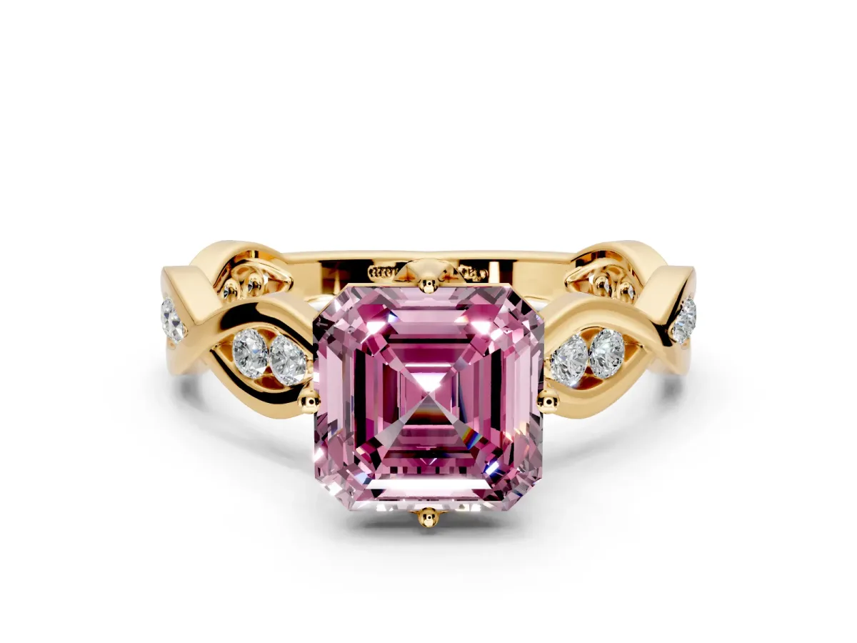 Solitaire Engagement Ring Setting for Fancy Pink Asscher Cut Center with Accented Twist Band and Leaf Prong Head in Yellow Gold