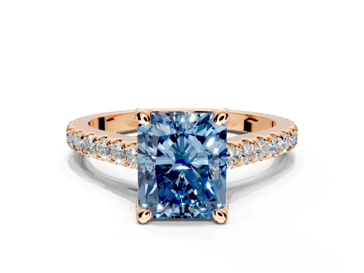 Solitaire Engagement Ring Setting for Fancy Blue Radiant Cut Center with Widening Pave Band and Claw Prong Head in Rose Gold