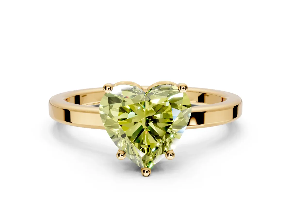 Hidden Halo Engagement Ring Setting for Fancy Yellow Heart-Shaped Center with Wide Flat Plain Band and Prong Head in Yellow Gold