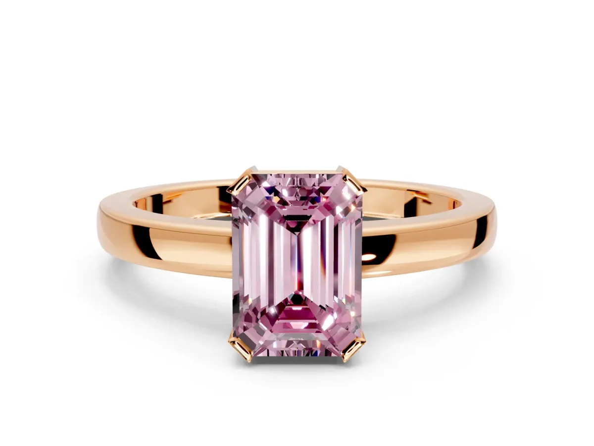 Solitaire Engagement Ring Setting for Fancy Pink Emerald Cut Center with Plain Band and Flat Tab Prong Head in Rose Gold