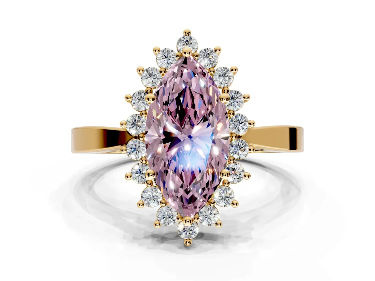 Starburst Halo Engagement Ring Setting for Fancy Pink Marquise Center with Flat Cathedral Band and Prong Head in Yellow Gold