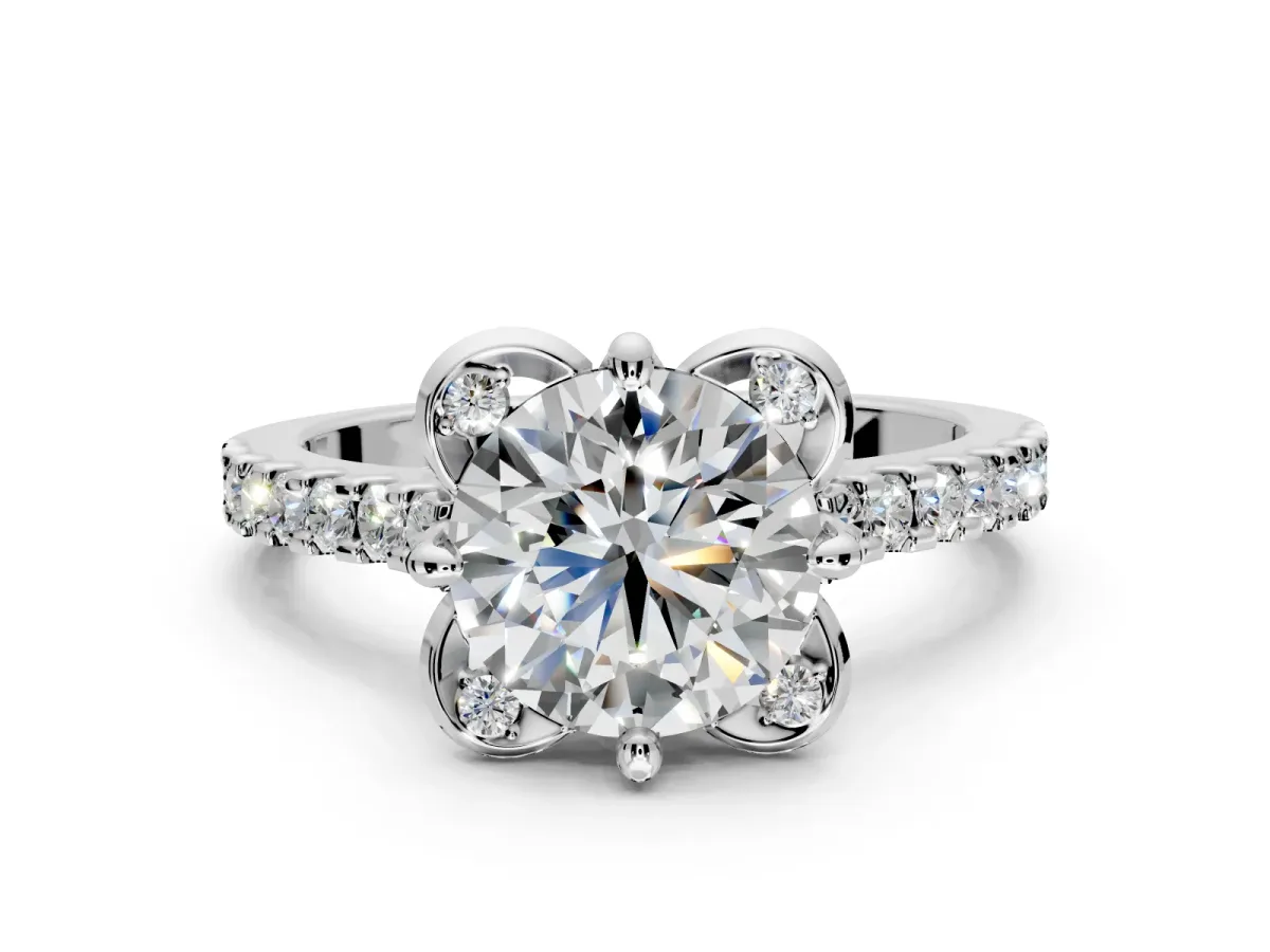 Floral Engagement Ring Setting for Round Cut Center with Pave Band and Floral Prong Head in Platinum
