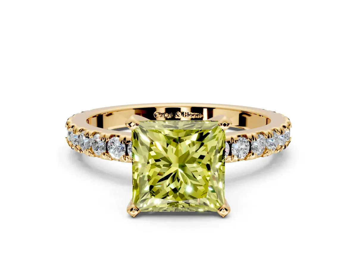 Solitaire Engagement Ring Setting for Fancy Yellow Princess Cut Center with Fine Pave Band and Claw Prong Head in Yellow Gold