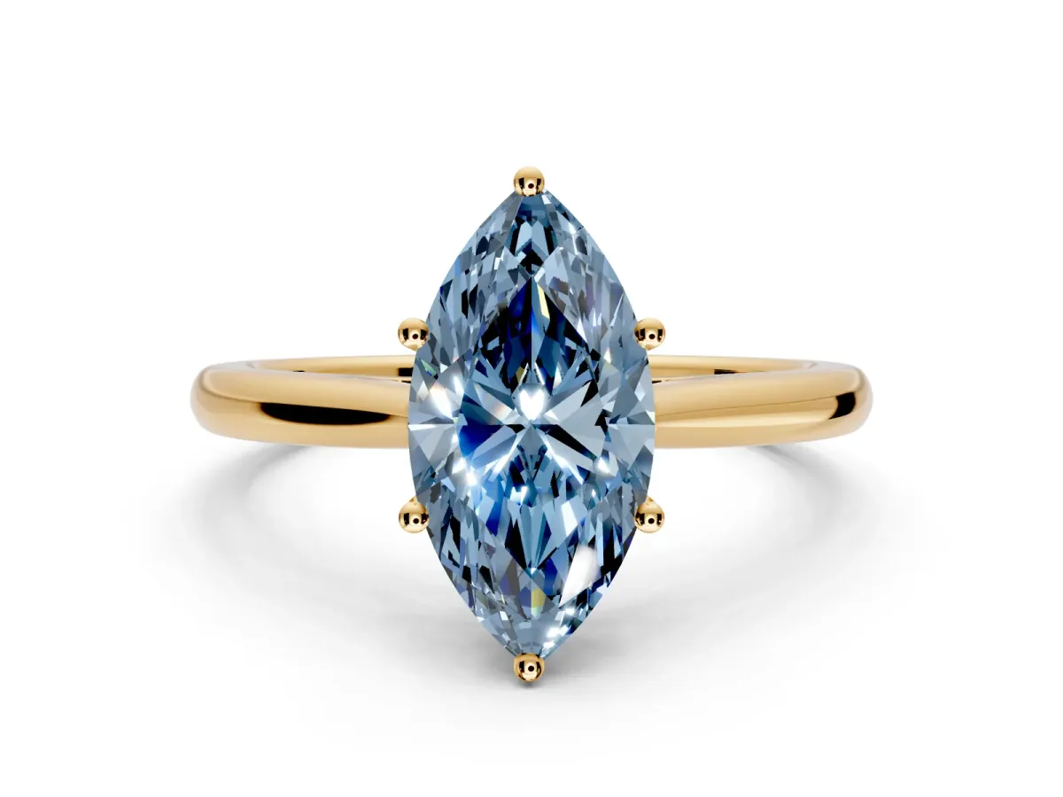 Solitaire Engagement Ring Setting for Fancy Blue Marquise Center with Narrow Cathedral Band and Prong Head in Yellow Gold