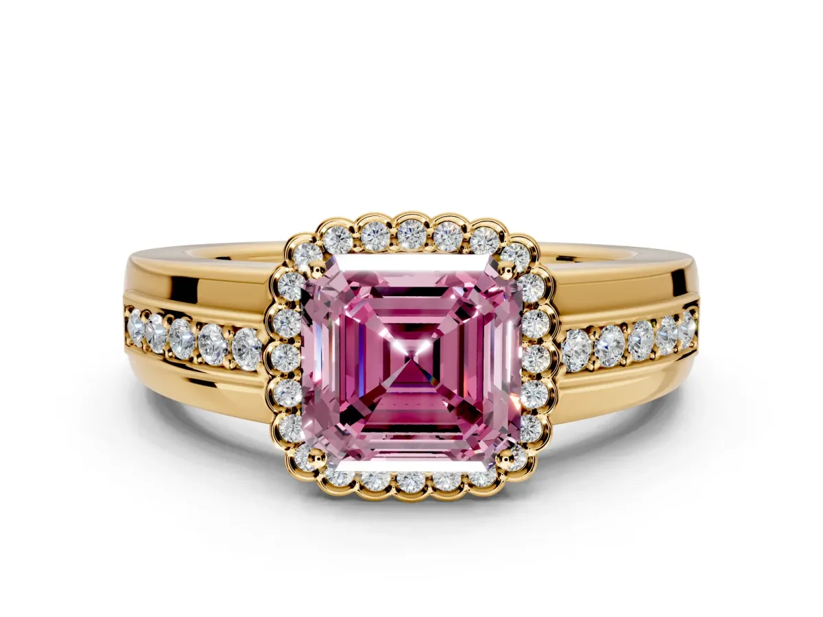 Halo Engagement Ring Setting for Fancy Pink Asscher Cut Center with Wide Band, Inlaid Accent Row and Prong Head in Yellow Gold