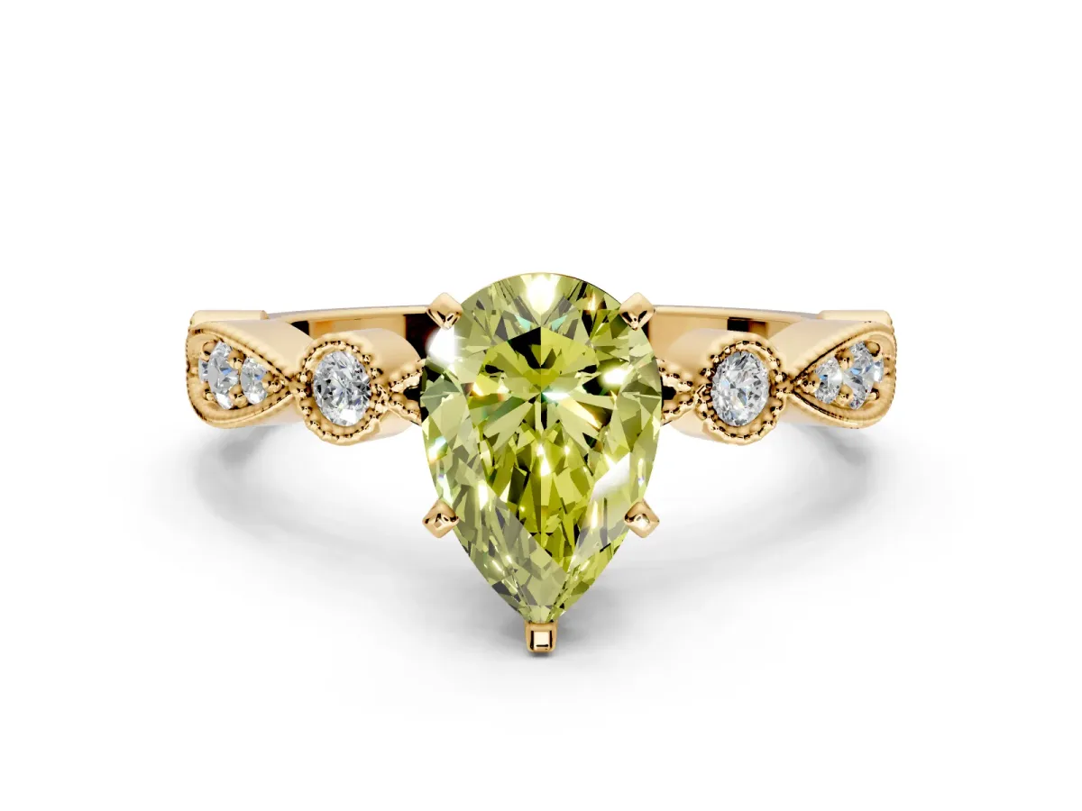 Solitaire Engagement Ring Setting for Fancy Yellow Pear-Shaped Center with Milgrain Bezel Accents and Prong Head in Yellow Gold