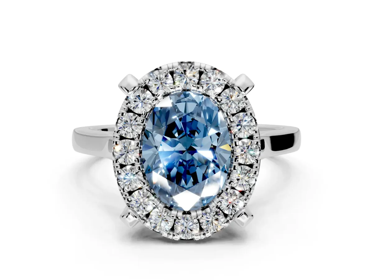 Single Halo Engagement Ring Setting for Fancy Blue Oval Center with Corner Claws, Plain Band and Prong Head in Platinum