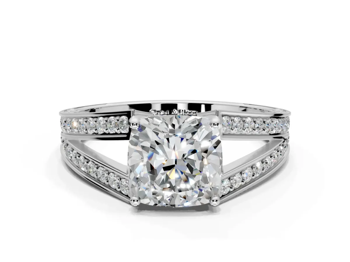 Split Shank Engagement Ring Setting for Cushion Cut Center with Pave Split Shank and Prong Head in Platinum