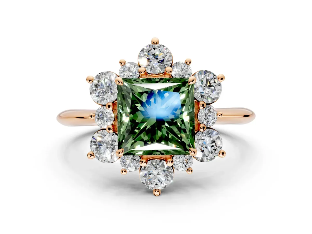 Small-Accent Cluster Halo Engagement Ring Setting for Fancy Green Princess Cut Center with Plain Band and Prong Head in Rose Gold