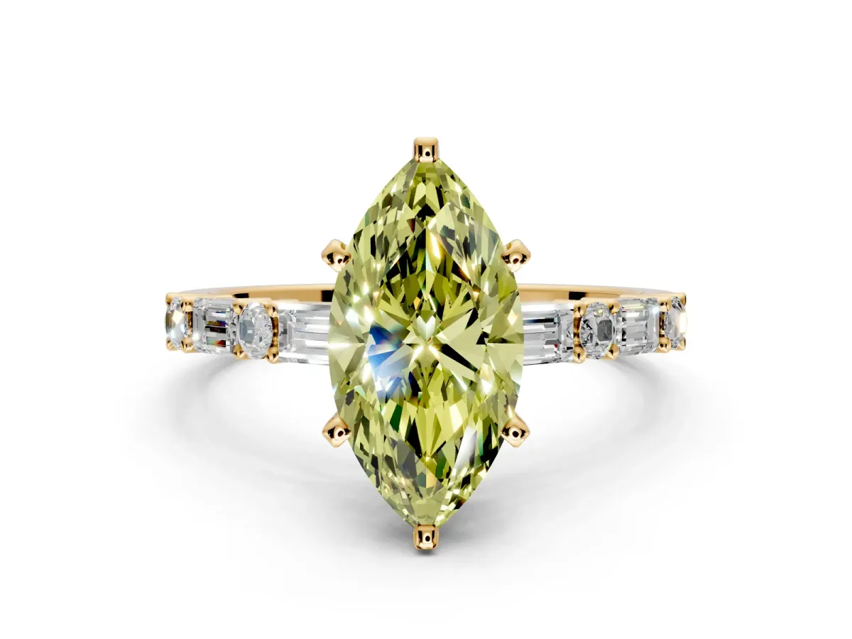 Baguette Engagement Ring Setting for Fancy Yellow Marquise Center with Alternating Bar-Set Band and Prong Head in Yellow Gold