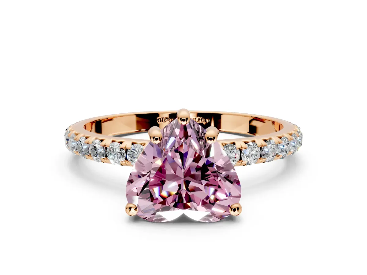 Solitaire Engagement Ring Setting for Fancy Pink Heart-Shaped Center with Micro Pave Band and Prong Head in Rose Gold