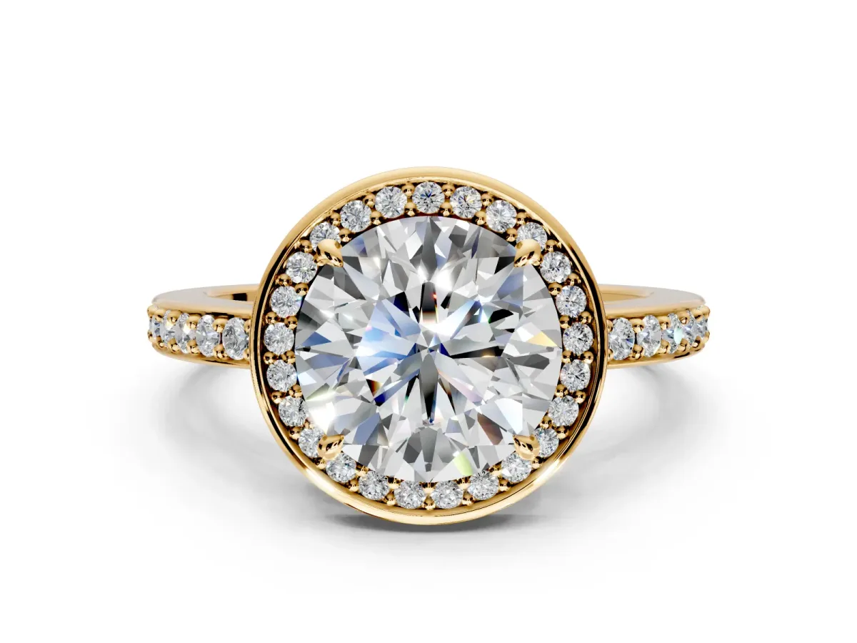 Halo Engagement Ring Setting for Round Cut Center with Metal-Rimmed Halo, Pave Band and Prong Head in Yellow Gold
