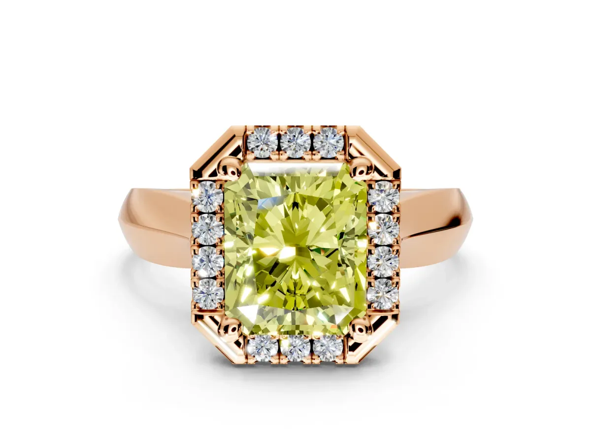 Halo Engagement Ring Setting for Fancy Yellow Radiant Cut Center with Square Band and Prong Head in Rose Gold