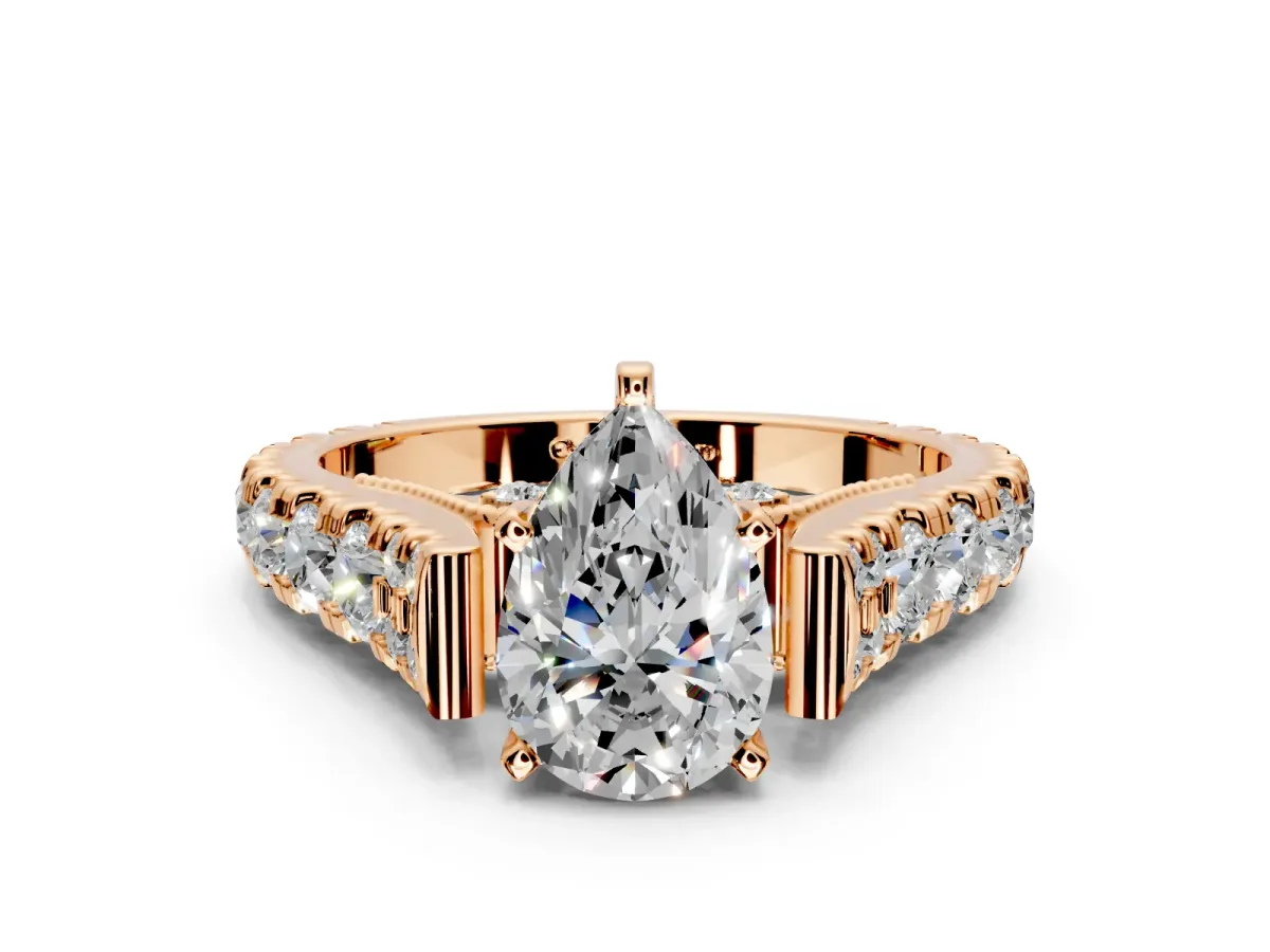 Solitaire Engagement Ring Setting for Pear-Shaped Center with Pave Cathedral Shoulders and Prong Head in Rose Gold