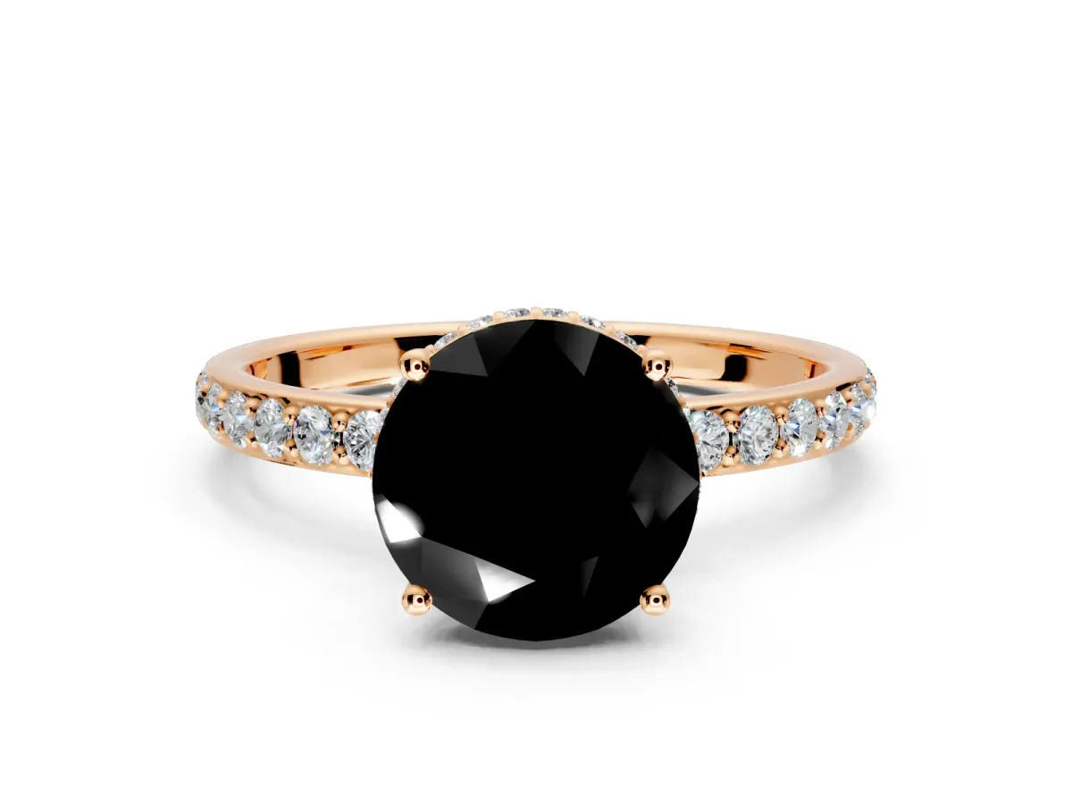 Hidden Halo Engagement Ring Setting for Fancy Black Round Cut Center with Pave Band and Prong Head in Rose Gold