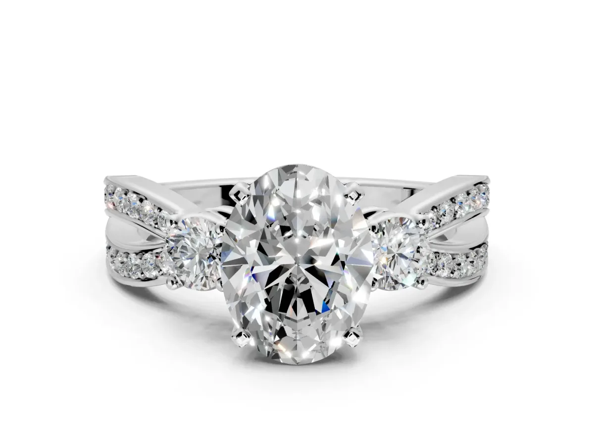 3 Stone Engagement Ring Setting for Oval Center with Pave Twist Band and Prong Head in Platinum